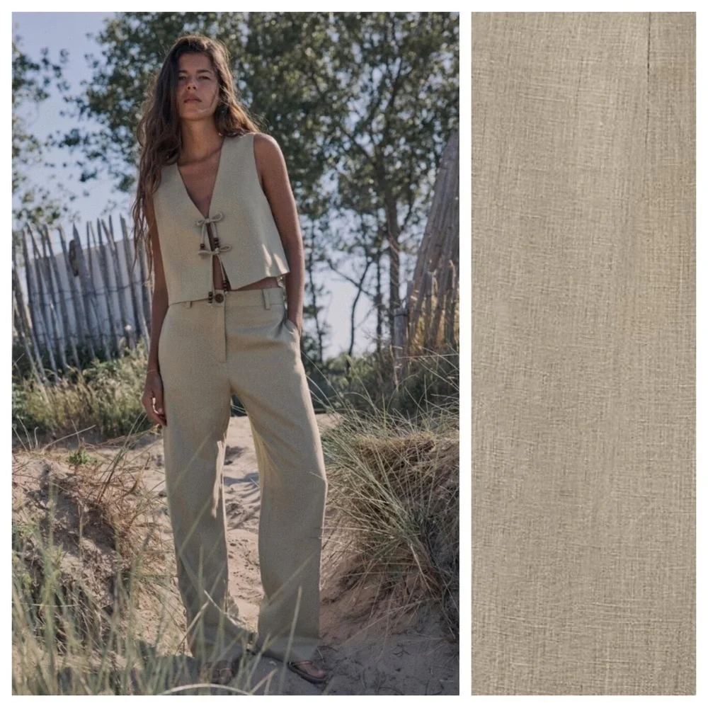 NWOT. Zara Beige Linen Blend Wide Leg Pants. Size S.